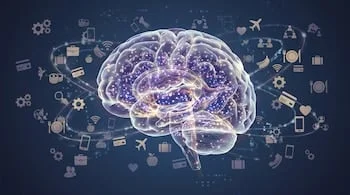Ilustración de un cerebro humano translúcido con conexiones neuronales brillantes, rodeado de iconos flotantes que representan decisiones sobre trabajo, dinero, comida, viajes y tecnología.
