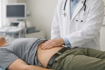 Primer plano de un médico palpando suavemente el abdomen superior derecho de un paciente acostado en una camilla, con un ecógrafo desenfocado de fondo.