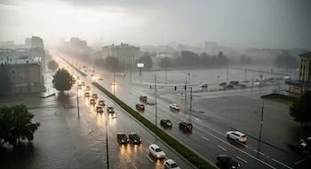 Vista aérea de una avenida principal en una ciudad, con carriles inundados y vehículos moviéndose lentamente bajo una lluvia intensa y un cielo nublado.