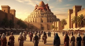 Zigurat de Etemenanki en Babilonia al atardecer, con terrazas de ladrillo y templos. Una multitud, muros imponentes y palmeras componen la escena de la ciudad antigua.