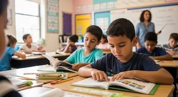 Niños de tercer grado sentados en sus escritorios leyendo libros en una aula escolar iluminada.