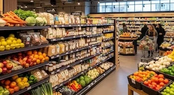 Interior de un supermercado moderno con estantes repletos de frutas, verduras y alimentos naturales empaquetados. Se observan clientes con carritos de compra.