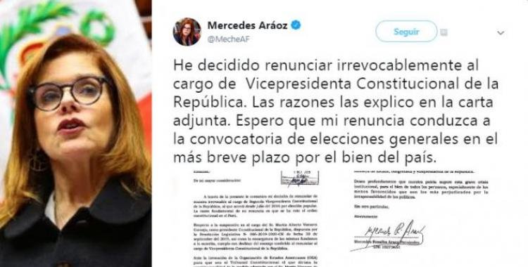 Renunció Mercedes Araoz como Presidenta de Perú y pide elecciones