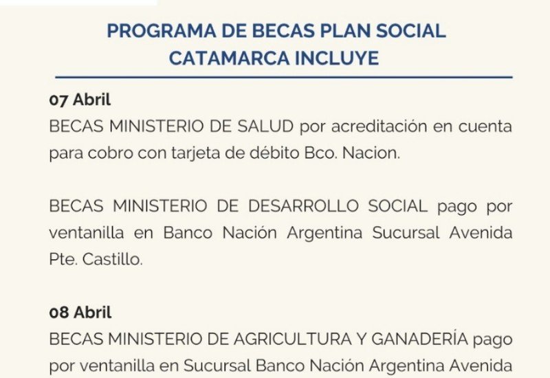 Fecha de pago para becas “Catamarca Incluye”