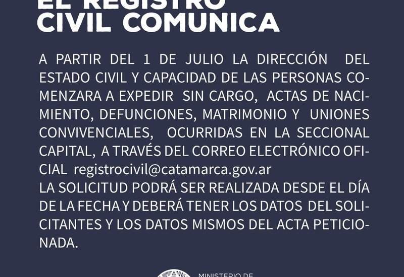 El Registro Civil expedirá actas gratuitas vía correo electrónico oficial