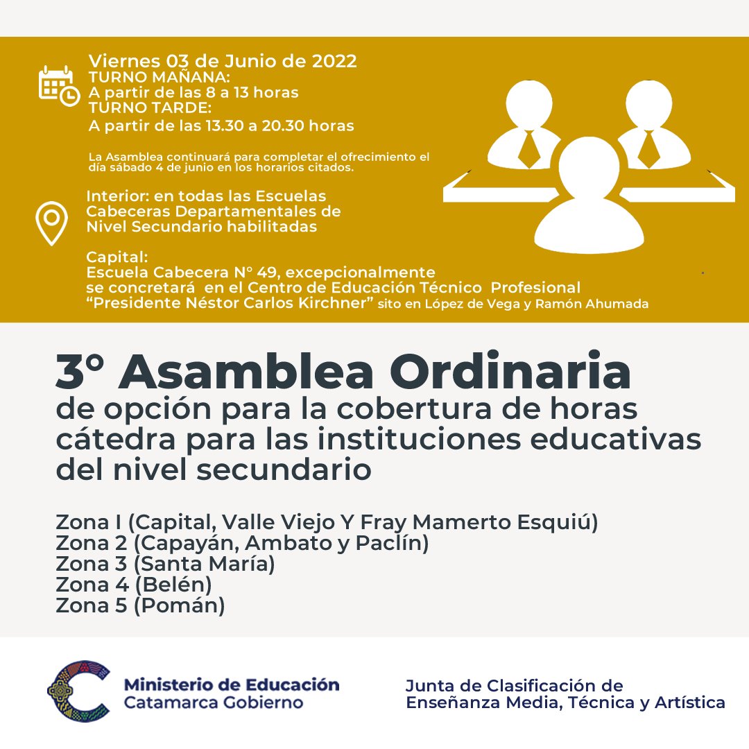 3° Asamblea ordinaria de opción para la cobertura de horas cátedra para instituciones de nivel secundario