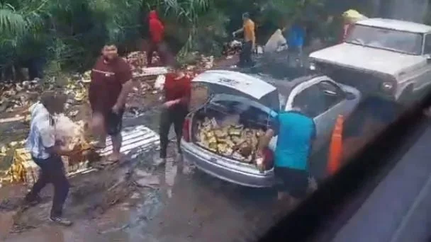 Volcó un camión con tetras de vino y la gente saqueó toda la carga