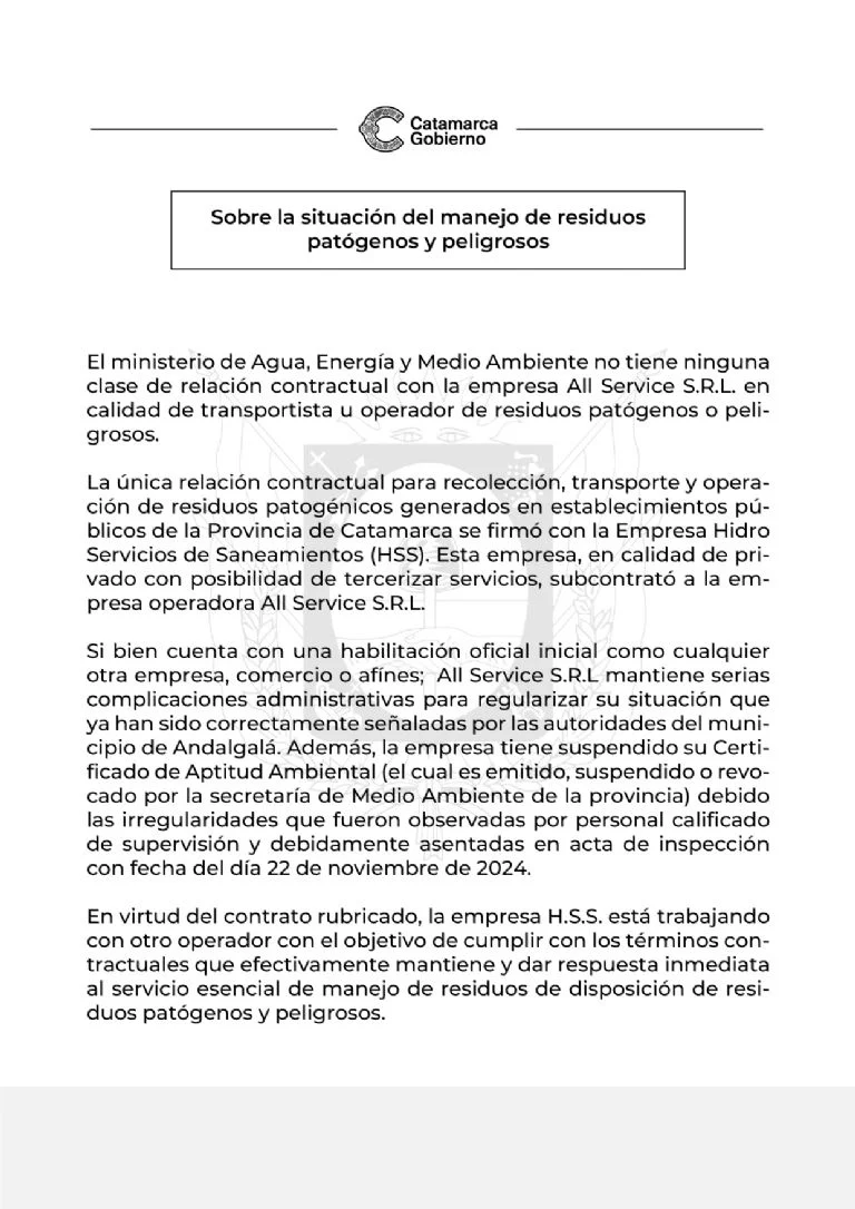 Allanamiento en Andalgalá: el Gobierno negó una «relación contractual» con All Service