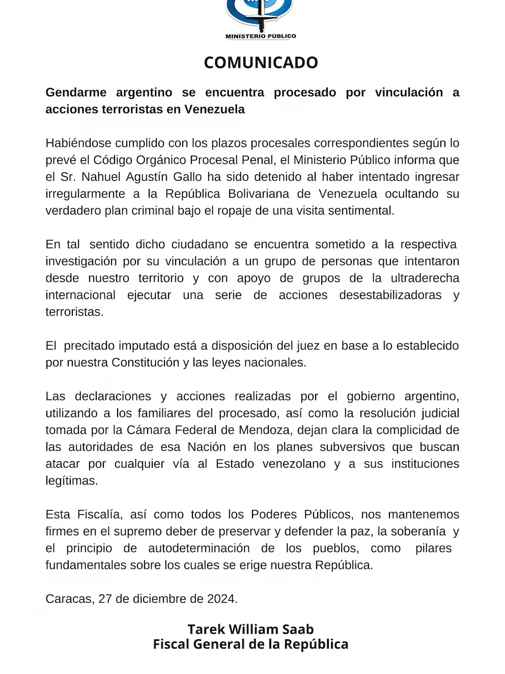 El régimen de Nicolás Maduro procesa al gendarme argentino Nahuel Gallo por terrorismo