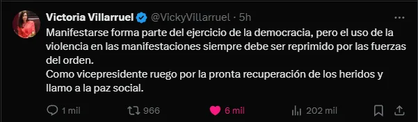 Victoria Villarruel sobre las protestas: «El uso de la violencia siempre debe ser reprimido»