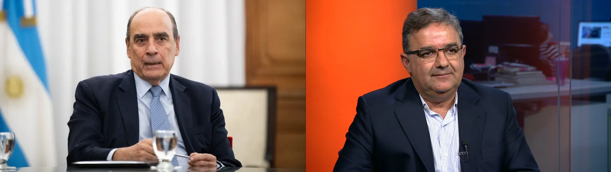 Collage de Guillermo Francos y Raúl Jalil durante entrevistas políticas